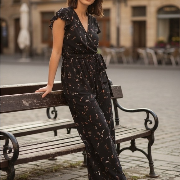 Women’s Black Floral Wrap Jumpsuit - Picture 2 of 6